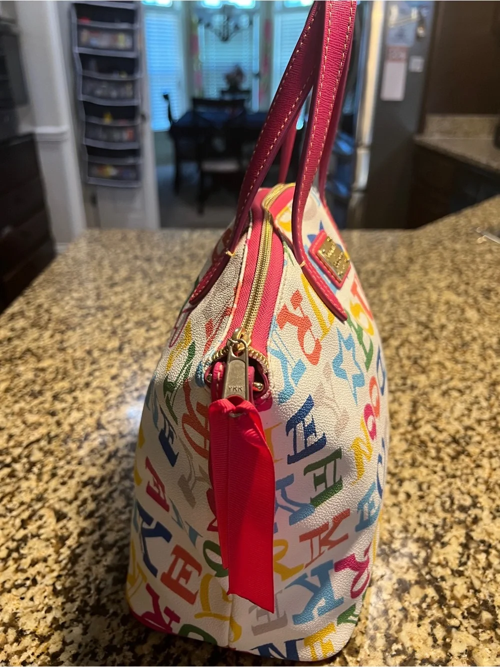 Dooney & Bourke Multicolor Logo Satchel with Pink Trim and Handles - Picture 3 of 6
